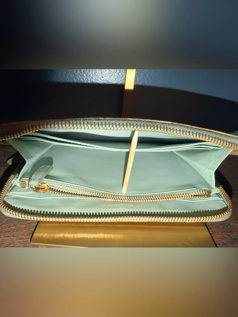 Miu Miu Light Green Croc-Effect Zip Pouch with Gold Logo